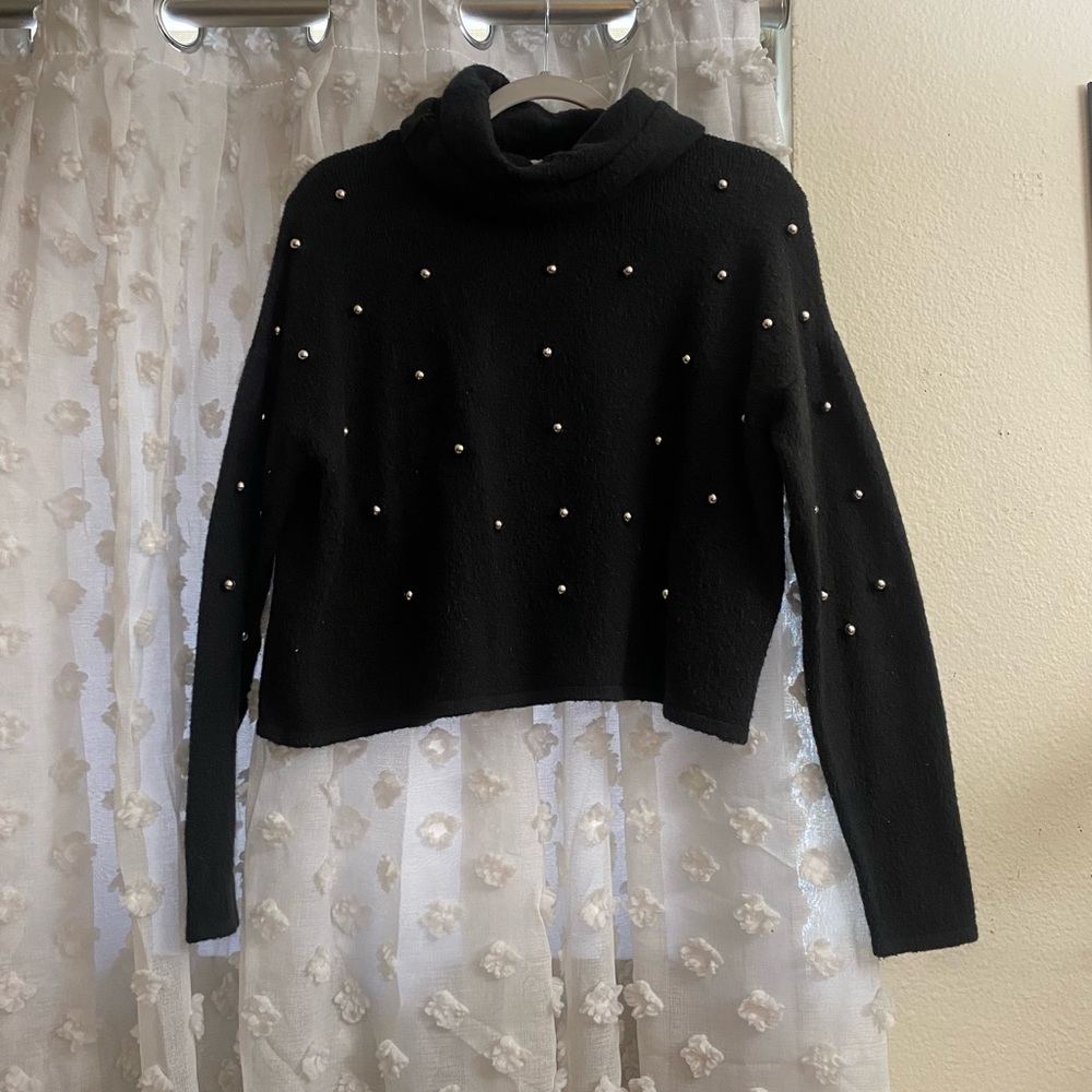 Adam Levine Collection Black Turtle Neck Black Gray Pearl Knit Crop Sweater